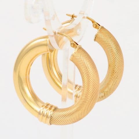Vintage Large 9Ct Gold Hollow Hoop Earrings With Snake Skin Pattern