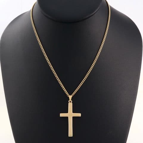 Vintage Solid 9Ct Gold 17.6g Curb Link Chain Necklace 31 3/4'' And Cross Pendant