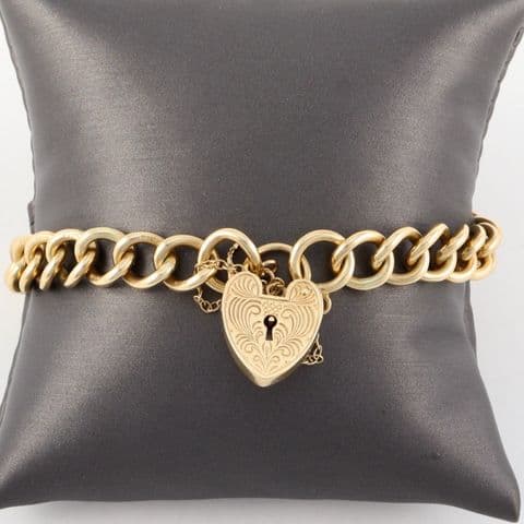 Vintage Solid 9Ct Gold 23.5g Curb Link Charm Bracelet With Padlock Clasp 7 1/2''