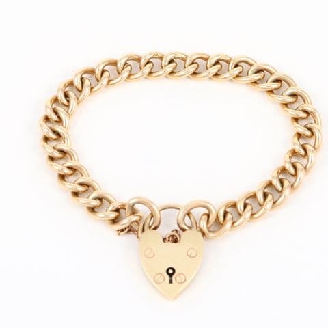 Vintage Solid 9Ct Gold 31.9g Curb Link Charm Bracelet With Padlock Clasp 7 5/8''