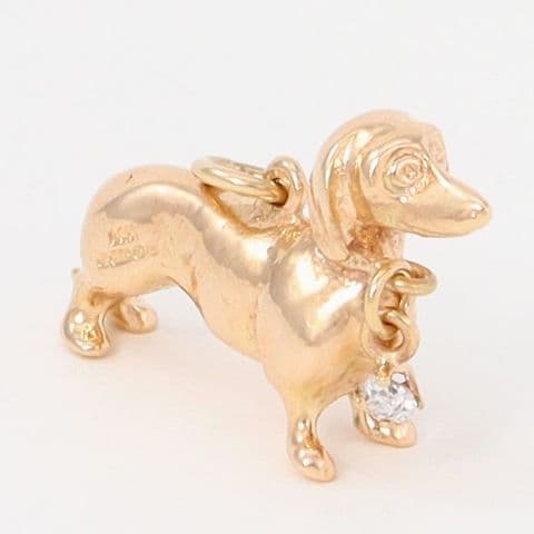 Vintage Solid 9Ct Gold 9.7g And Diamond Dachshund Pendant  / Charm
