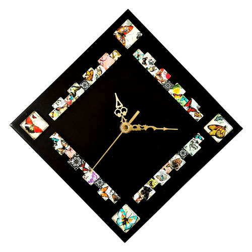 Diamond Butterfly Cabochon Wall Clock, Black 28cm x 28cm