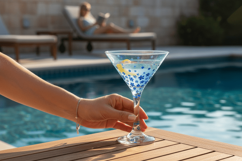 Hand Painted Cocktail Martini Glass Forget-Me-Not Design