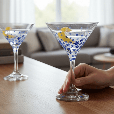 Hand Painted Cocktail Martini Glass 'Forget-Me-Not' Design
