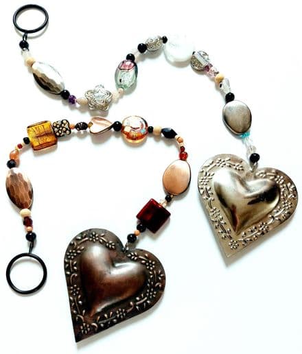 Handmade Bohemian Beaded Heart Decoration, Hanging Suncatcher, Bronze or Silver