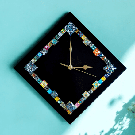 Handmade Diamond Wall Clock With Glass Cabochons - Black