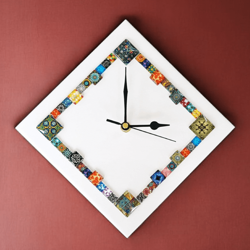 Handmade Diamond Wall Clock With Glass Cabochons - White | Contemporary Wall Decor