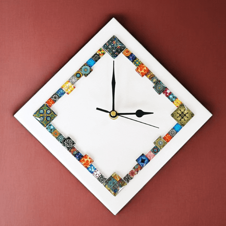 Handmade Diamond Wall Clock With Glass Cabochons - White