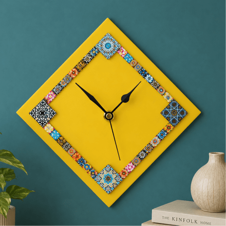 Handmade Diamond Wall Clock With Glass Cabochons - Yellow