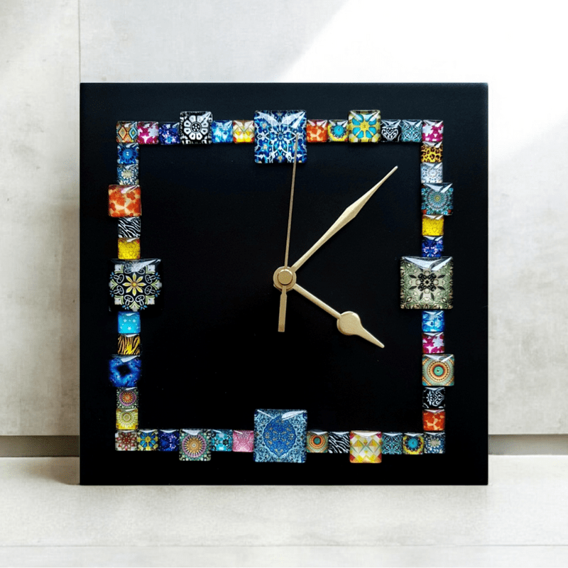 Handmade Square Mosaic Wall Clock - Black | Contemporary Wall Decor