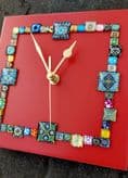 Handmade Wall Clock With Glass Cabochon Design - Red | Square Wall Clock | Contemporary Wall Decor