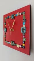 Handmade Wall Clock With Glass Cabochon Design - Red | Square Wall Clock | Contemporary Wall Decor