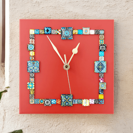 Handmade Wall Clock With Glass Cabochon Design - Red
