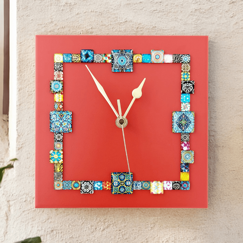 Handmade Wall Clock With Glass Cabochon Design - Red | Square Wall Clock | Contemporary Wall Decor
