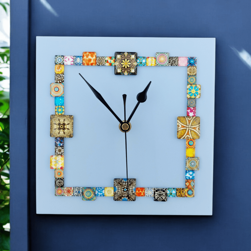 Handmade Wall Clock With Glass Cabochon Design - Sky Blue | Square Wall Clock | Contemporary Wall Decor