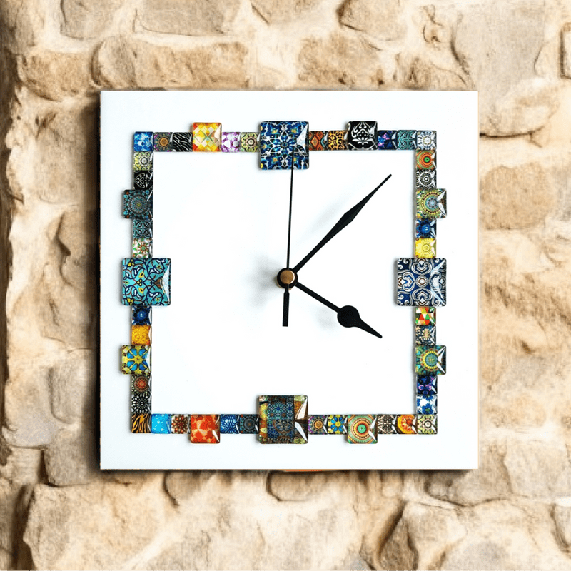 Handmade Wall Clock With Glass Cabochon Design - White | Square Wall Clock | Contemporary Wall Decor