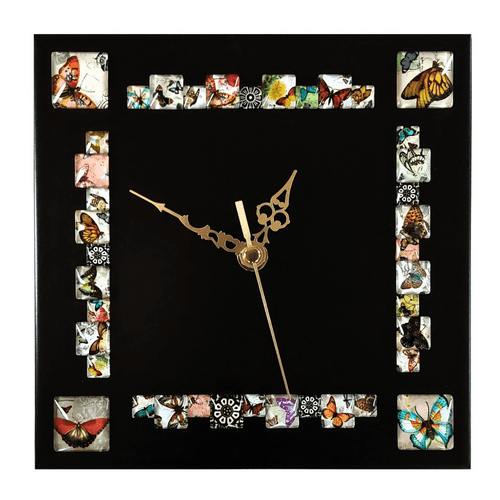 Square Butterfly Cabochon Wall Clock, Black 20cm x 20cm