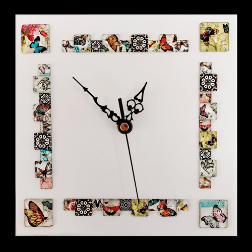 Square Butterfly Cabochon Wall Clock, White 20cm x 20cm
