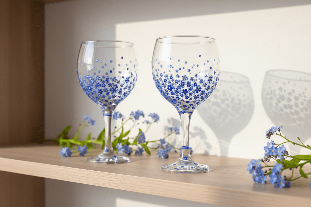 Forget me not handpainted gin glass blue flower balloon gin glass