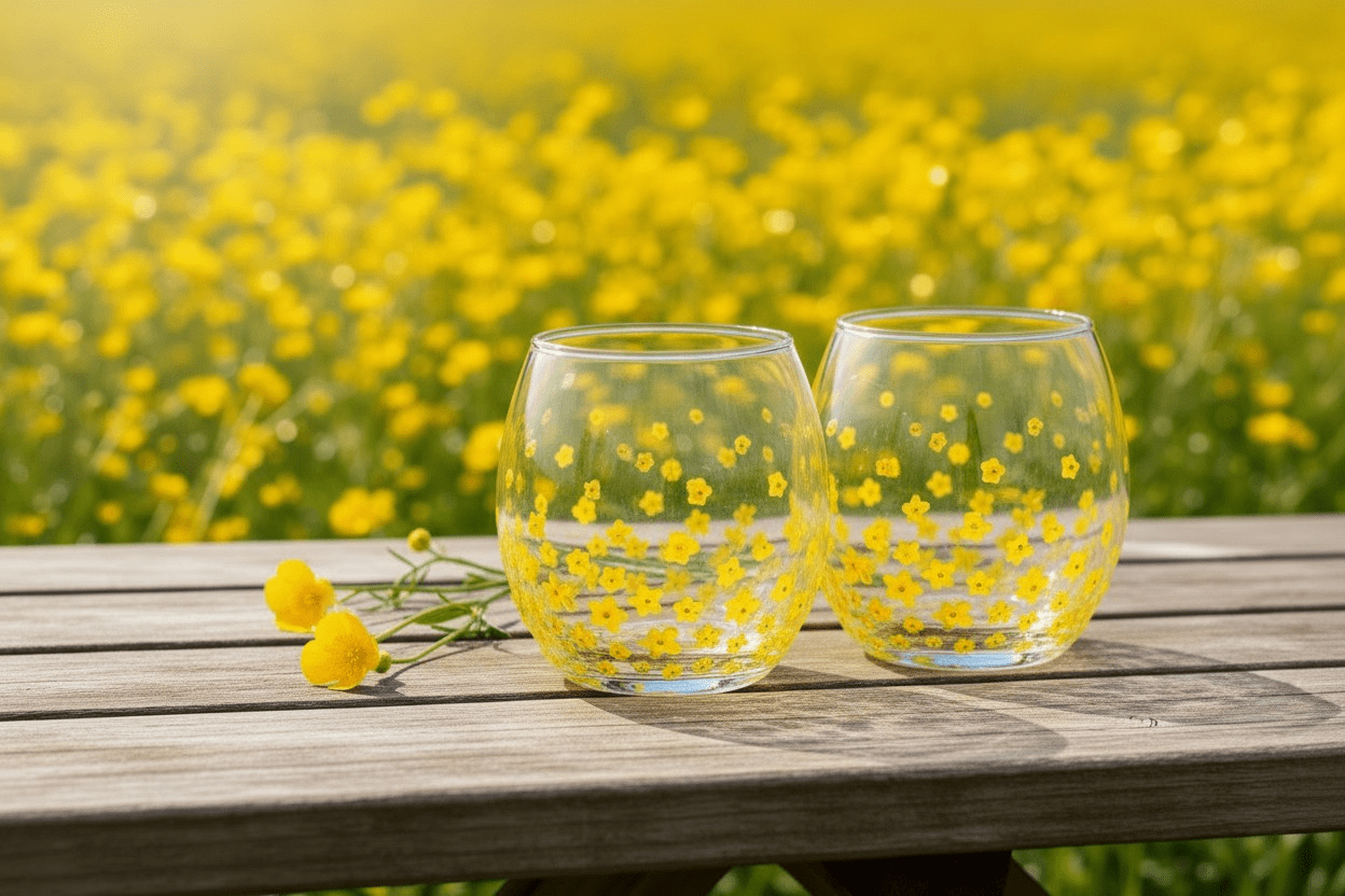 Hand Painted Buttercup yellow flower tumbler glass tealight holder bud vase