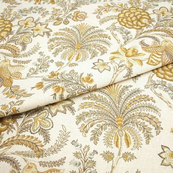 Brushed Cotton Linen Fabric Jacobean Chintz - Ochre