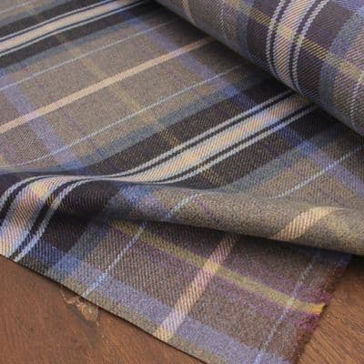Fire Retardant Wool Like Tweed Check Upholstery Fabric - Grey Blue Purple