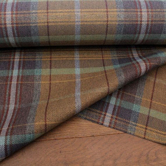 Fire Retardant Wool Like Tweed Check Upholstery Fabric - Moss Green Purple