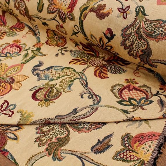 Jacobean Heritage Bloom Jacquard  Upholstery Fabric  - Beige
