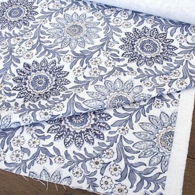 Oakmere Folk-Art Floral Curtain Fabric - Cornflower Blue