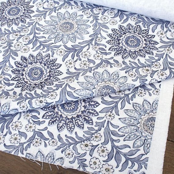 Oakmere Folk-Art Floral Curtain Fabric - Cornflower Blue