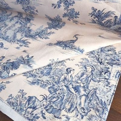 Pastoral in Blue  Toile de Jouy Double Width Cotton Fabric
