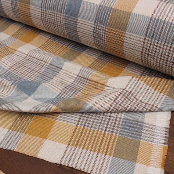 Porter & Stone Katrine Cornflower Mustard Blue Wool Like Tweed Check Fabric