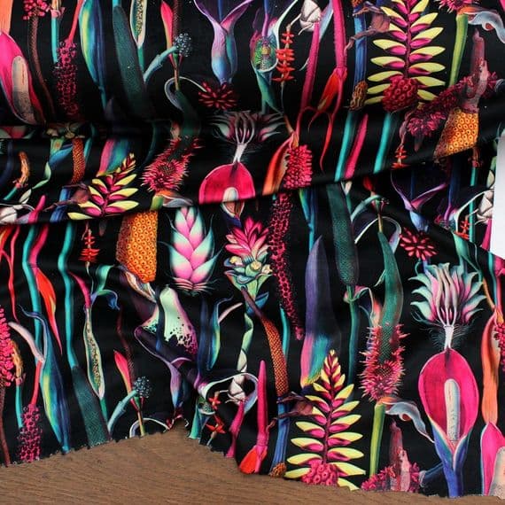 Velvet Fabric Botanical Plants Black