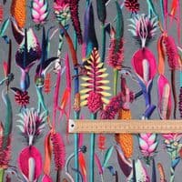 Velvet Fabric Botanical Plants Silver Grey