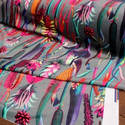 Velvet Fabric Botanical Plants Silver Grey