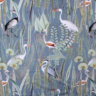 Velvet Fabric Crane Birds Wetland Dove Grey