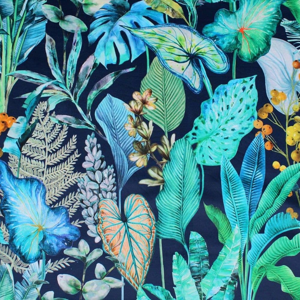 Velvet Fabric Exotic Botanical Leaves Blue