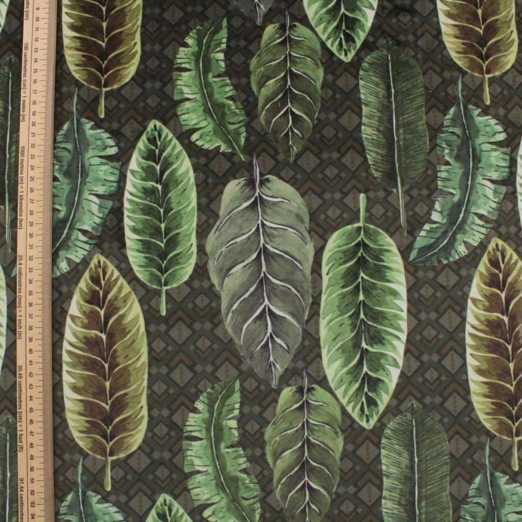 Velvet Fabric Green Botanical Leaves