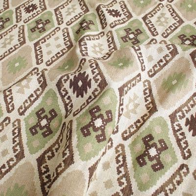 Viscose Linen Fabric Diamond Kilim - Sage & Taupe