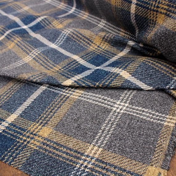 Wool Like Tweed Check Fabric - Blue Grey Gold