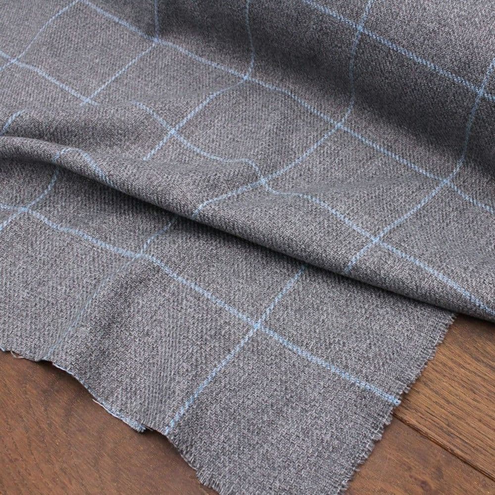 Wool Like Tweed Windowpane Check Fabric - Grey Sky Blue