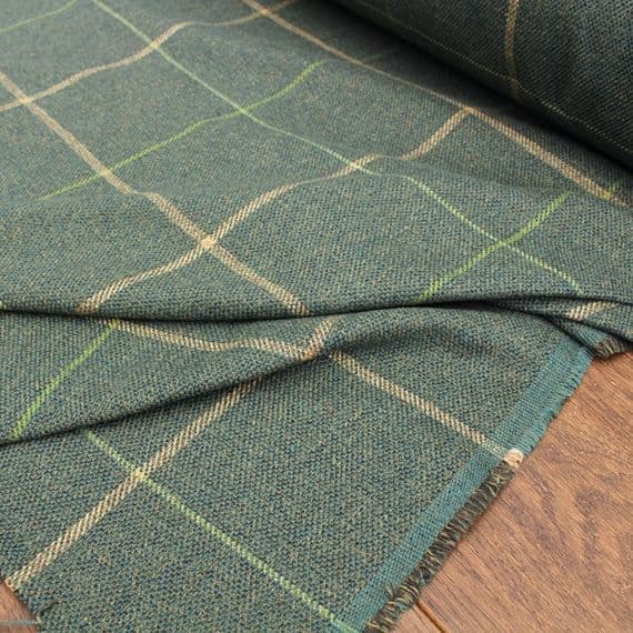 Wool Like Windowpane Check Fabric - Green & Gold