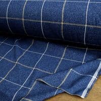 Wool Like Windowpane Check Fabric - Navy Blue & Gold