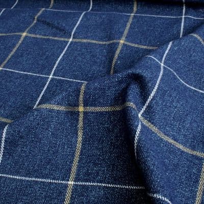 Wool Like Windowpane Check Fabric - Navy Blue & Gold