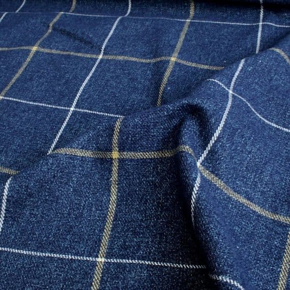 Wool Like Windowpane Check Fabric - Navy Blue & Gold