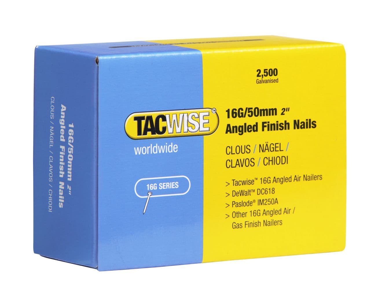 Boîte de 2500 clous de finition à angle de type 16G L. 50 mm - TA-0772 - Tacwise