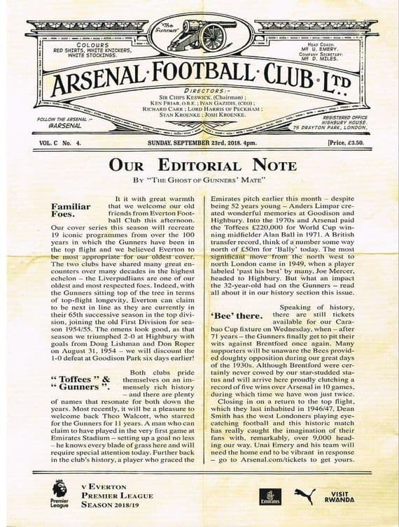 Arsenal v Everton Official Matchday Programme 2018/2019 - 23rd September 2018