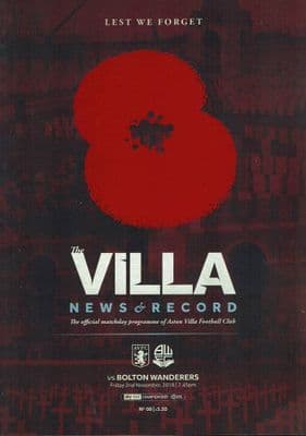 Aston Villa v Bolton Official Matchday Programme 2018/2019 - 2nd November 2018