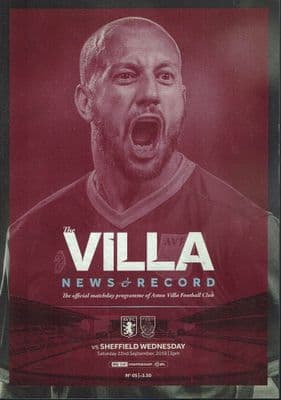 Aston Villa v Sheff Wed Official Matchday Programme 2018/2019 - 22nd September 2018