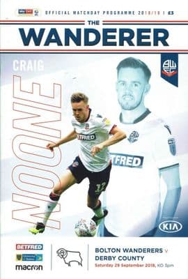 Bolton v Derby 29th September 2018 Official Programme 2018/2019